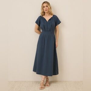 Pact Organic Cotton Coastal Double Gauze Boho Midi Dress in French Navy, Medium